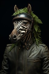 A zebra wearing a motorcycle helmet and a leather jacket.