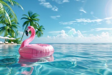 inflatable pink flamingo dinghy lilo in rippling swimming pool water