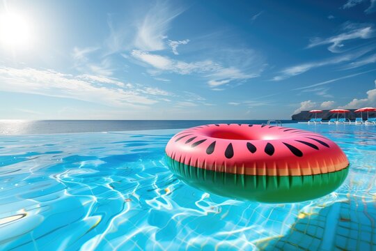 inflatable watermelon pool ring dinghy lilo, in rippling pool water