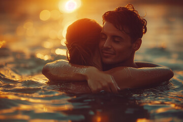 Athletes exchanging congratulatory hugs and high-fives after a hard-fought victory on the Olympic podium .A couple embraces in the water at sunset, their hair glistening in the sunlight