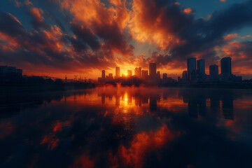 Fototapeta premium Sunrise over the city skyline, casting a golden glow on the Olympic Park and surrounding areas.City skyline reflected in water at sunset, under a colorful afterglow sky