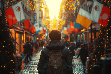 Street scene in Paris decorated with Olympic-themed banners and flags, bustling with excitement .A man with a backpack strolls in a metropolitan area