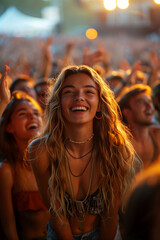 Spectators cheering enthusiastically in the stands as they watch a thrilling event .a woman is laughing in front of a crowd of people at a music festival