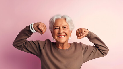 Happy, healthy and strong senior woman showing biceps muscles.