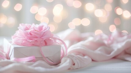 An exquisite gift wrapped with a pink ribbon, soft bokeh lights provide a romantic and celebratory backdrop.