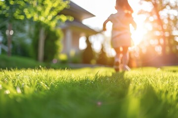 Child Running on Green Grass Towards New House - Playful Activity, Family Relocation, Real Estate - obrazy, fototapety, plakaty