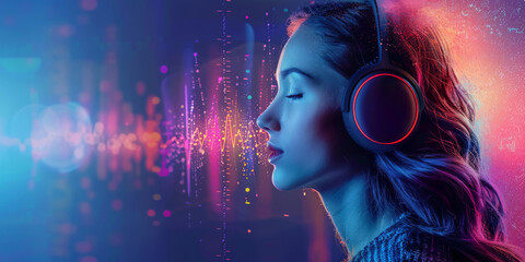 Beautiful young woman listening to music with headphones on abstract undulating background. Music...