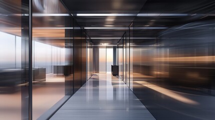 Sleek modern office corridor with reflective surfaces and dynamic lighting.