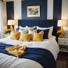 Blue and yellow hotel bedroom with bed.