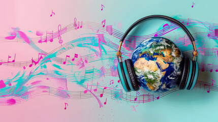 Planet Earth with headphones and music notes on colored background. World Music Day.