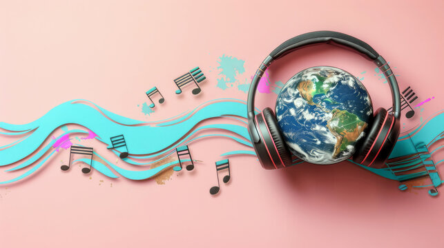 Earth planet with headphones and music notes on pink background. World Music Day concept.