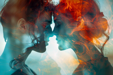 Multicolored portrait of a couple in love with smoke and multi-exposure effect.