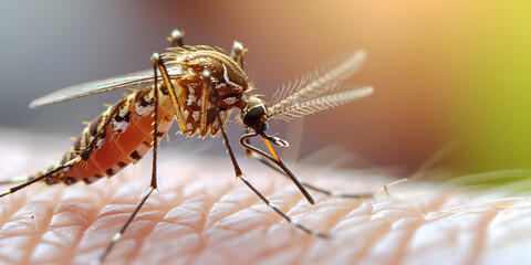 Closeup view of a mosquito biting human skin