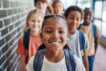 Portrait of group of multiethnic schoolchildren with smile at school