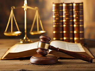 A high-resolution image of an open law book with a wooden gavel resting on the pages, scales of justice in the background, signifying the pursuit of justice