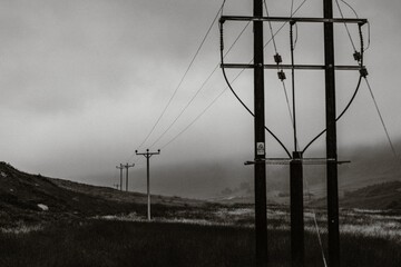 Dark aesthetic background, power poles in countryside