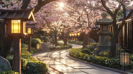 Pre-event garden setting in Kyoto with cherry blossoms and traditional lanterns, peaceful with no people, early spring morning
