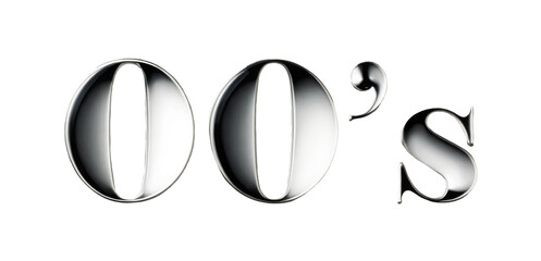 Volumetric chrome inscription 00s isolated on a transparent background. Shiny metal 3D element in Y2K style, silver color.