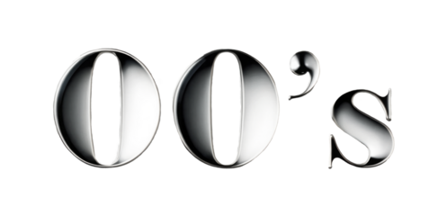 Volumetric chrome inscription 00s isolated on a transparent background. Shiny metal 3D element in Y2K style, silver color.