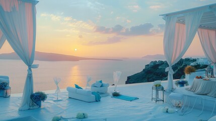 Seaside celebration area in Santorini, white drapes and blue floral accents matching the sea, unoccupied as the sun sets