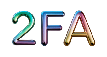 3D volumetric chrome inscription 2FA, two-factor authentication. Information protection concept, online account security, multi-factor login. PNG icon on a transparent background.