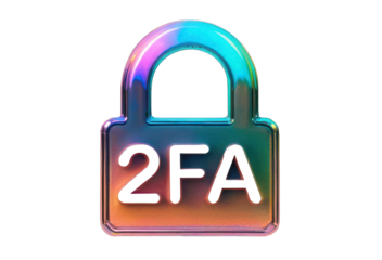 3D chrome lock with the inscription 2FA, two-factor authentication. Information security concept, multi-factor login. PNG holographic icon on a transparent background, neon glare.