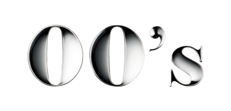 Volumetric chrome inscription 00s isolated on a transparent background. Shiny metal 3D element in Y2K style, silver color.