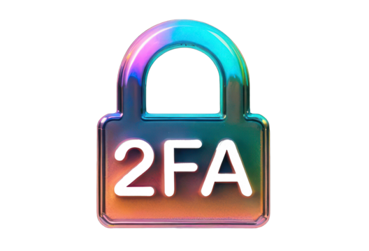 3D chrome lock with the inscription 2FA, two-factor authentication. Information security concept, multi-factor login. PNG holographic icon on a transparent background, neon glare.