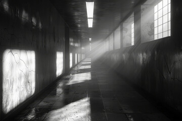 Image of a corridor in an abandoned factory building with rays of light.