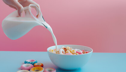 Female hand pouring milk from pitcher into bowl with colorful cereal rings on blue table on pink background - obrazy, fototapety, plakaty