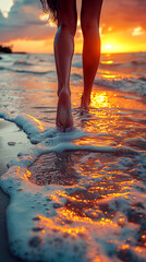 Walking on the beach at sunset time, beautiful female legs