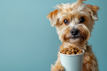 Cute dog with paper coffee cup of dog food on colored background, closeup. Dog cafe concept.