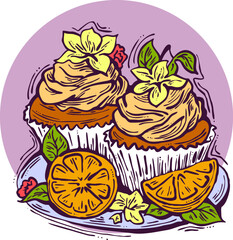 Sweet tasty dessert cupcake with cream and deco for morning breakfast in café or restaurant. Mini birthday cake for pleasure. Hand drawn retro vintage colorful vector illustration. Old style drawing.