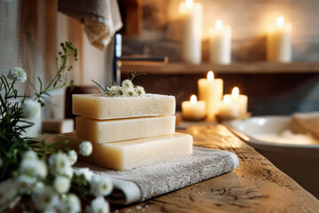 Spa still life with handmade soap, candles and towel on wooden table - Powered by Adobe