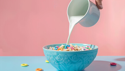 Female hand pouring milk from pitcher into bowl with colorful cereal rings on blue table on pink background