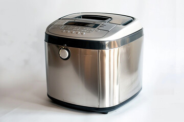 A professional-grade bread maker with a stainless steel body and a variety of bread size options isolated on a solid white background.