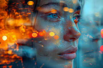 Double exposure portrait of young woman with creative makeup and bokeh lights
