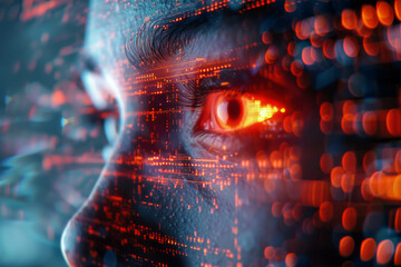 Cyber security concept. Close up of woman's eye with binary code.