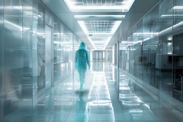 Doctor in a blue hazmat suit walking down a hospital corridor with blue lights.