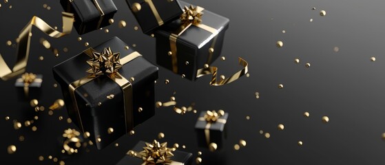 Black and gold gift box with sparkling glitter confetti for black friday social media marketing. Black friday sales concept. Top view photo of black gift boxes. Generative Ai - Powered by Adobe