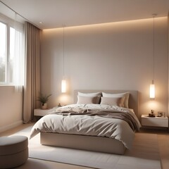 Fototapeta na wymiar Classy clean modern bedroom with large windows and lighting.