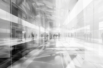 Business people walking in the office corridor. 3d rendering double exposure