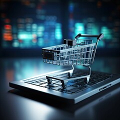 Virtual shopping cart on top of laptop computer in online shopping concept. Generative AI 
