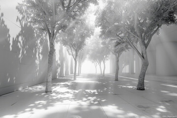 Image of an alley with white trees with a white wall and floor. White abstract urban background. - Powered by Adobe