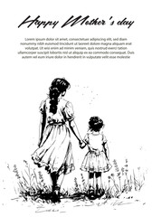 Happy Mother's Day flyer, banner or poster, silhouette of a mother, with her daughter.
