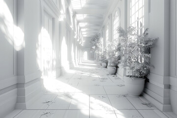 3D rendering of a corridor in a modern building with white walls
