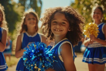 AI-generated illustration of young girls cheerleaders in blue outfits