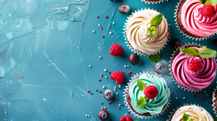 Tasty cupcakes on turquoise background