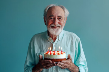 Funny portrait of American grandpa with cake and lighted candles on blue background. Retiree birthday party concept.