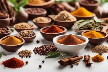 'beautiful composition fferent aromatic spices white background aroma asian assortment bowl chili collection condiment cook cooking cookery culinary delicious different dried dry flat favor food'